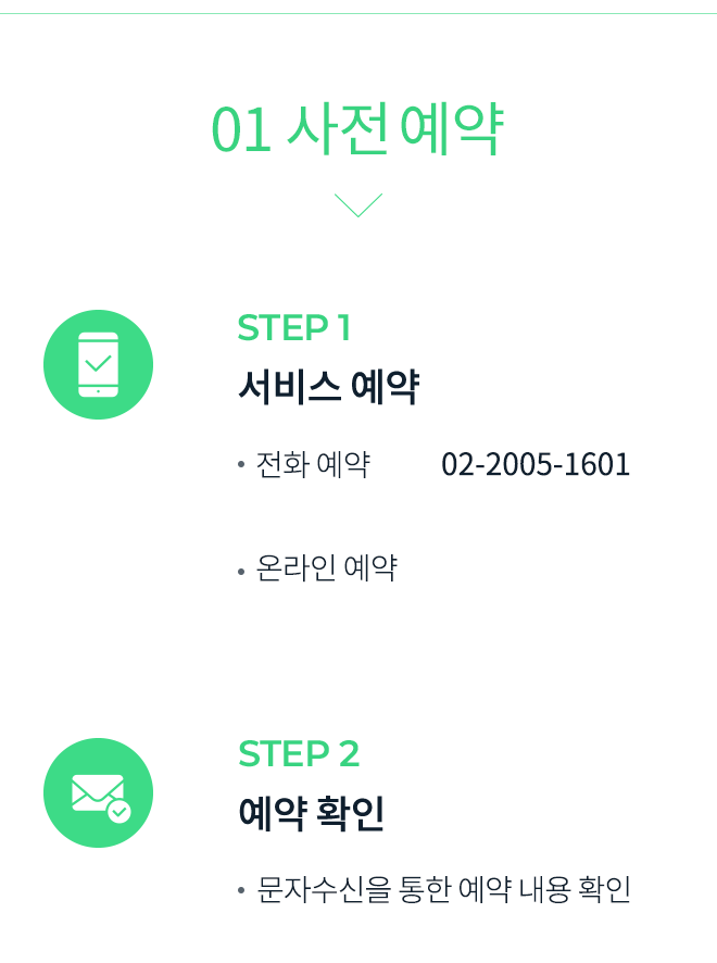 step1 서비스예약 전화예약 02-2005-1601 , 온라인 예약