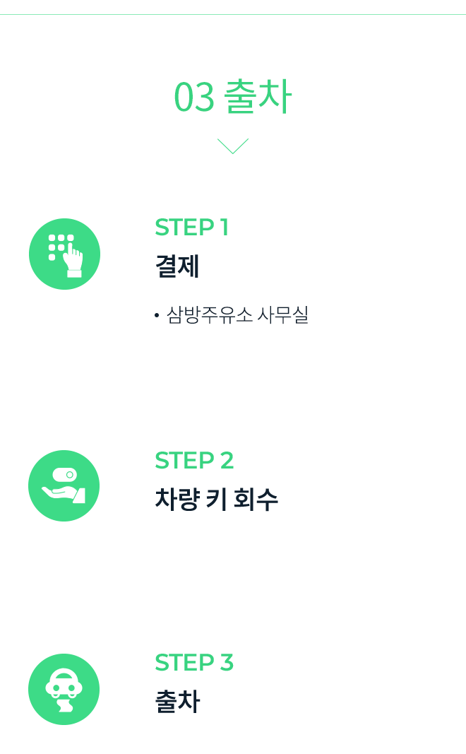 03 출차 step1 결제 삼방주유소 사무실 , step2 차량 키 회수 , step3 출차